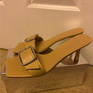 Azalea Wang Tan Mid-Heel Slide with Decorative Buckle